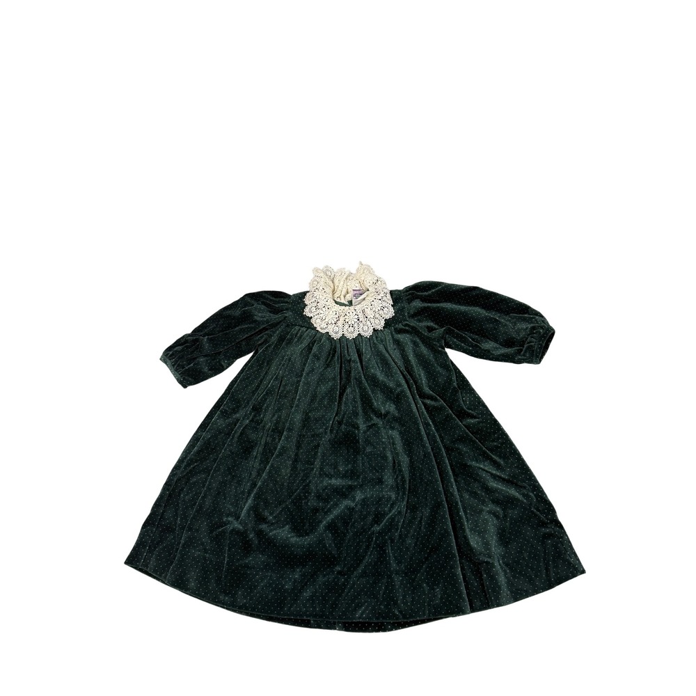 Simi Baby Vintage Green Velvet Polka Dot Dress Lace Collar 24M Made in USA